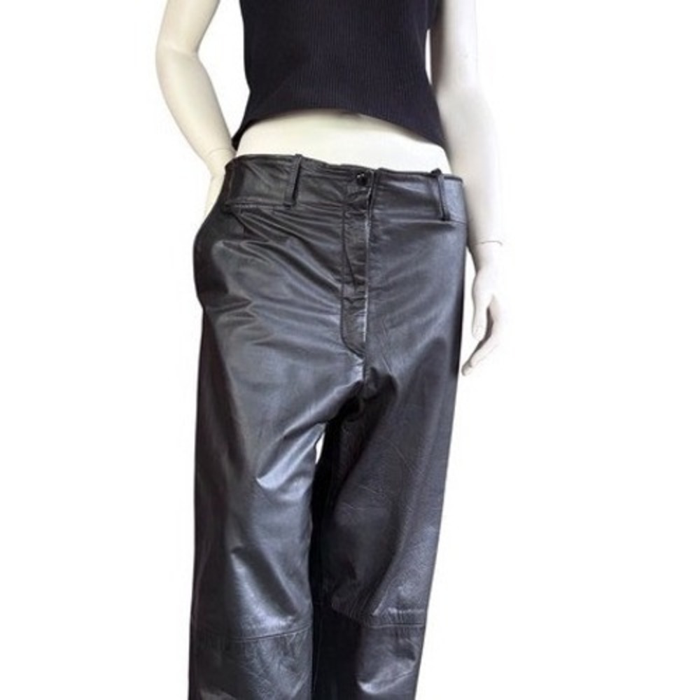 Vintage Genuine Leather Pants High Waisted Straight Leg Rocker Grunge Black 28
